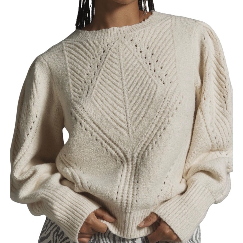 By Anthropologie Scalloped Collar Sweater Women S Ivory New Puff Shoulder